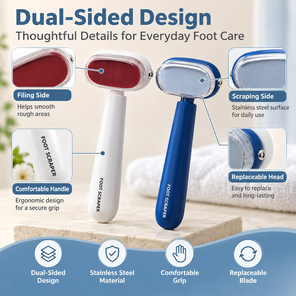Dual-Sided Foot Callus Remover, 2027 New Double-Sided Foot Scraper, Replaceable Stainless Steel File for Heel Care
