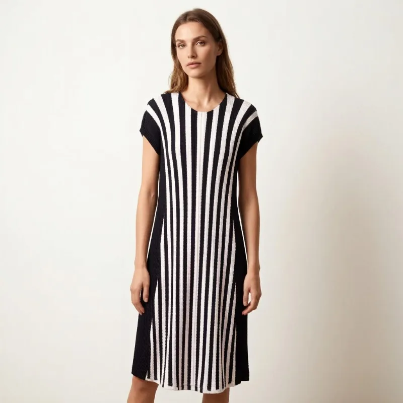 Miyake Pleated Dresses 2026 Sleeveless Dragon Scale Pleated Black and White Striped Dress Summer New Elegant Versatile Dress