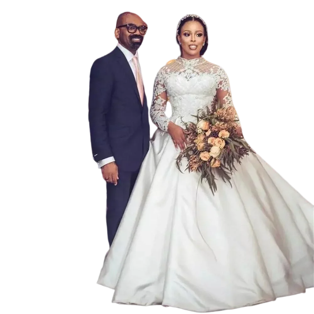 Customized Ballgown Satin Puffy Skirt Wedding Dress Robe De Mariée Long Sleeve Lace Appliques Beading African Bridal Gowns