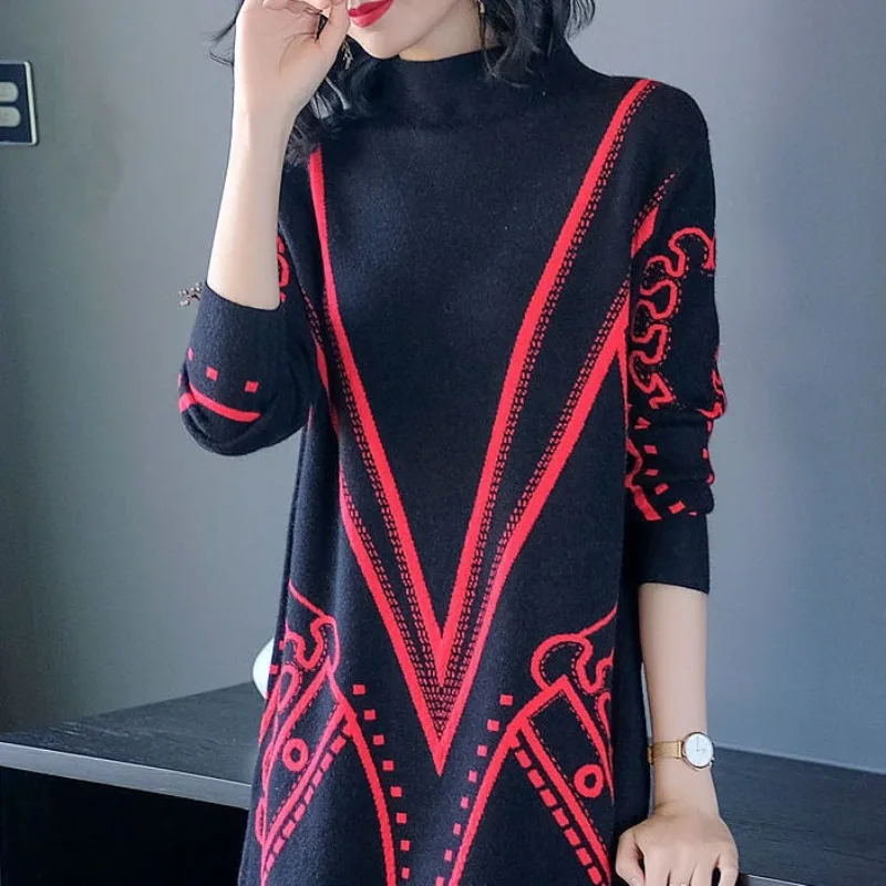 Women\'s Autumn and Winter Pullover New Half High Collar Patchwork Printing Knitted Sweater Fashion Loose Long Sleeved Dress