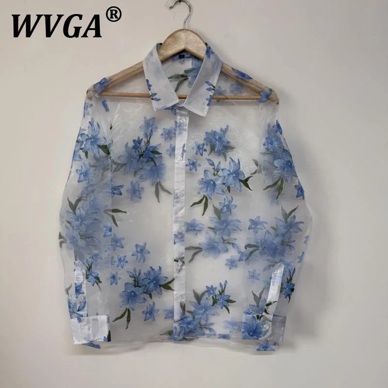 

WVGA Summer New Man Tide High Street Printed Sheer Organza Design All-match Long Sleeve Shirts Niche Chic Casual Shirt Ins W8600