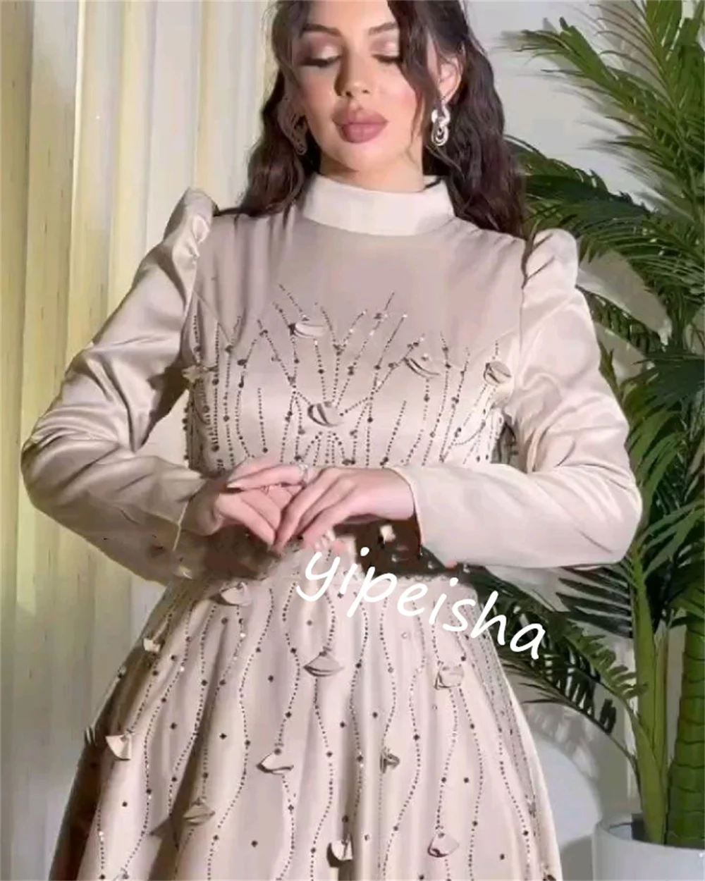 Personalizado noite arábia saudita cetim miçangas apliques cocktail festa a linha gola alta sob medida ocasião vestido midi vestidos