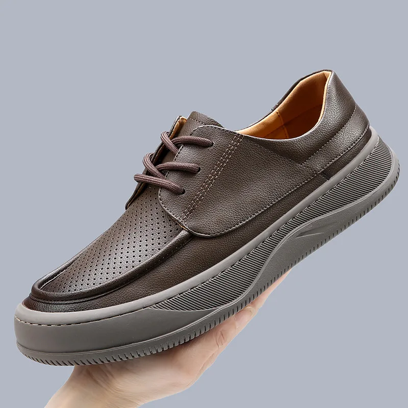 

2025 Autumn/Winter New Men's Leather Breathable and Versatile Thick Bottom Hollow Casual Leather Shoes Sports Trendy Shoes
