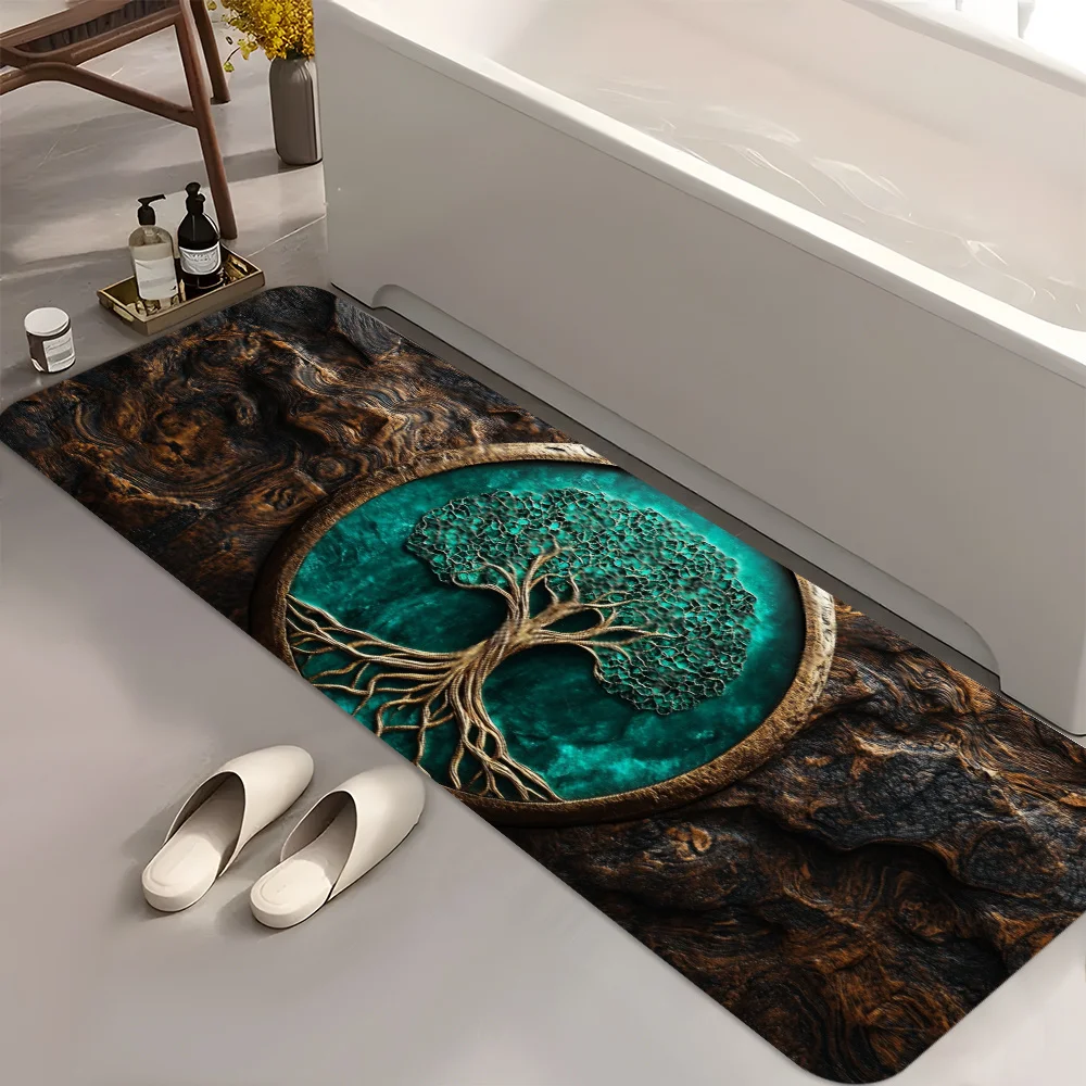 3D Wood Background Life Tree Long Bathroom Runner Mat Anti Slip Water Absorbent Rug Tree Decor Carpet Shower Kitchen Entrance