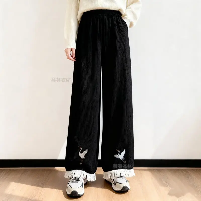 Winter new Chinese trousers, national style, luxury, crane embroidered flower wide-leg trousers, autumn and winter drape