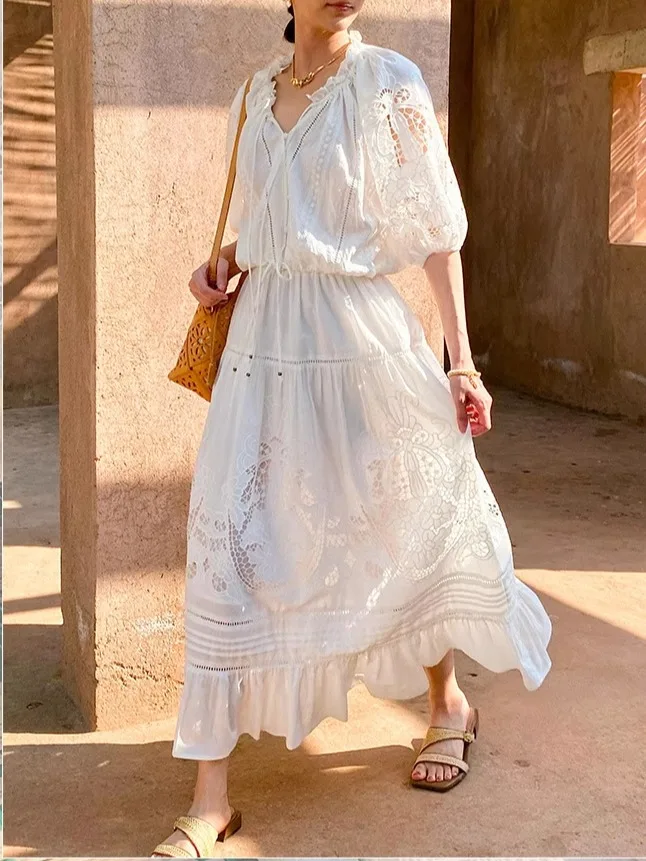 

Ранняя осень 2024, свободный хлопковый комплект с тяжелой вышивкой и белой юбкой f, дышащий, приятный для кожи, французский Sle