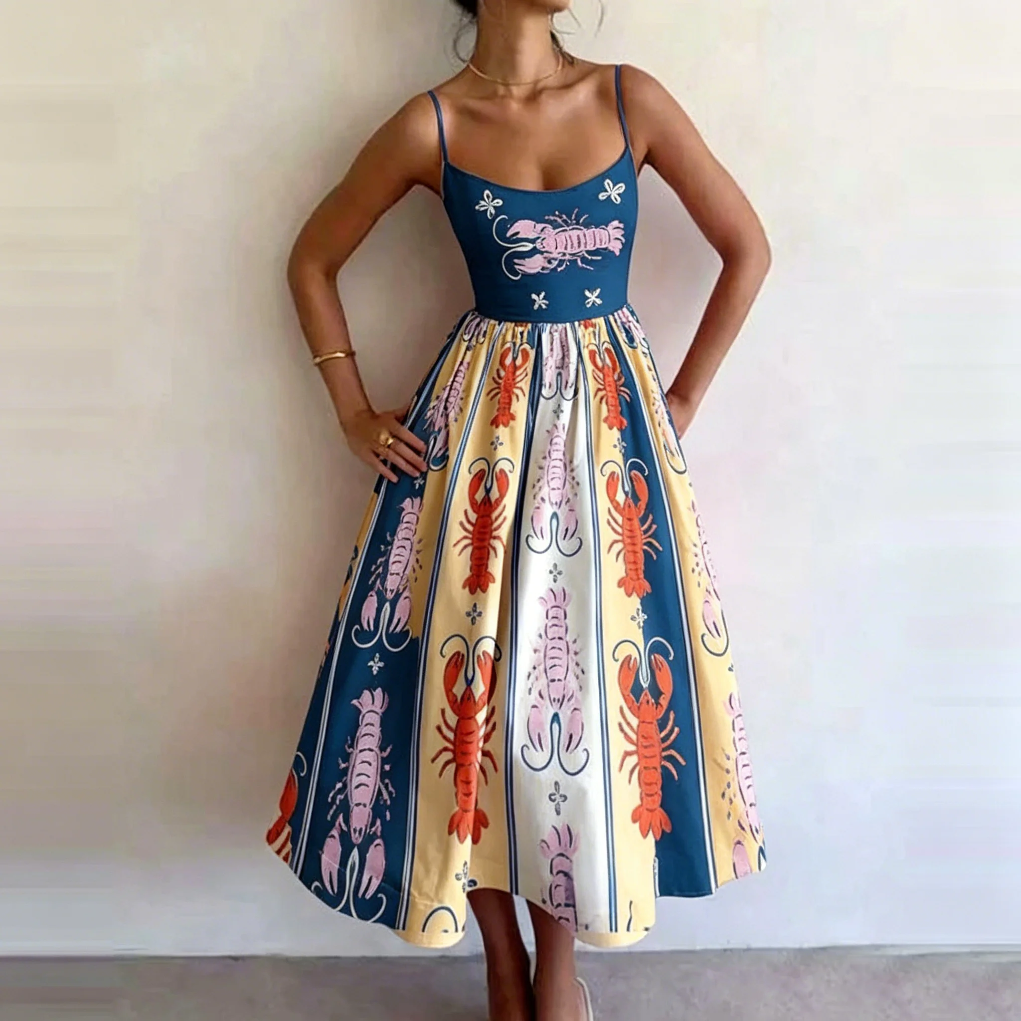 

Women's Vintage Lobster Print Spaghetti Strap Midi Dress Women Elegant Sexy Sleeveless Summer Casual Party Dress