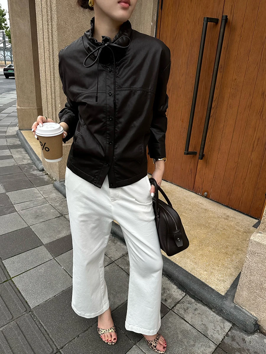 PUAL  2026 Women Faux Leather Jacket, Drawstring Ruffle Stand Collar, Button Down Short Coat, Loose Casual Retro  Outerwear