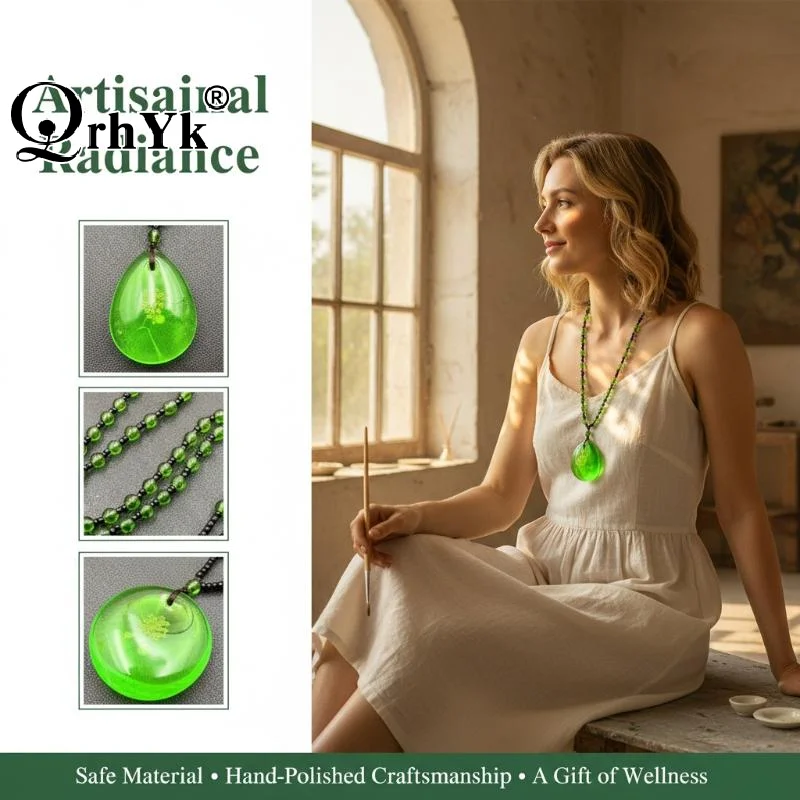 Green Amber Beeswax Necklace Water Drop Pendent Necklace For Women Unisex Lucky Safety Long Pendant Sweater Chain Ornaments