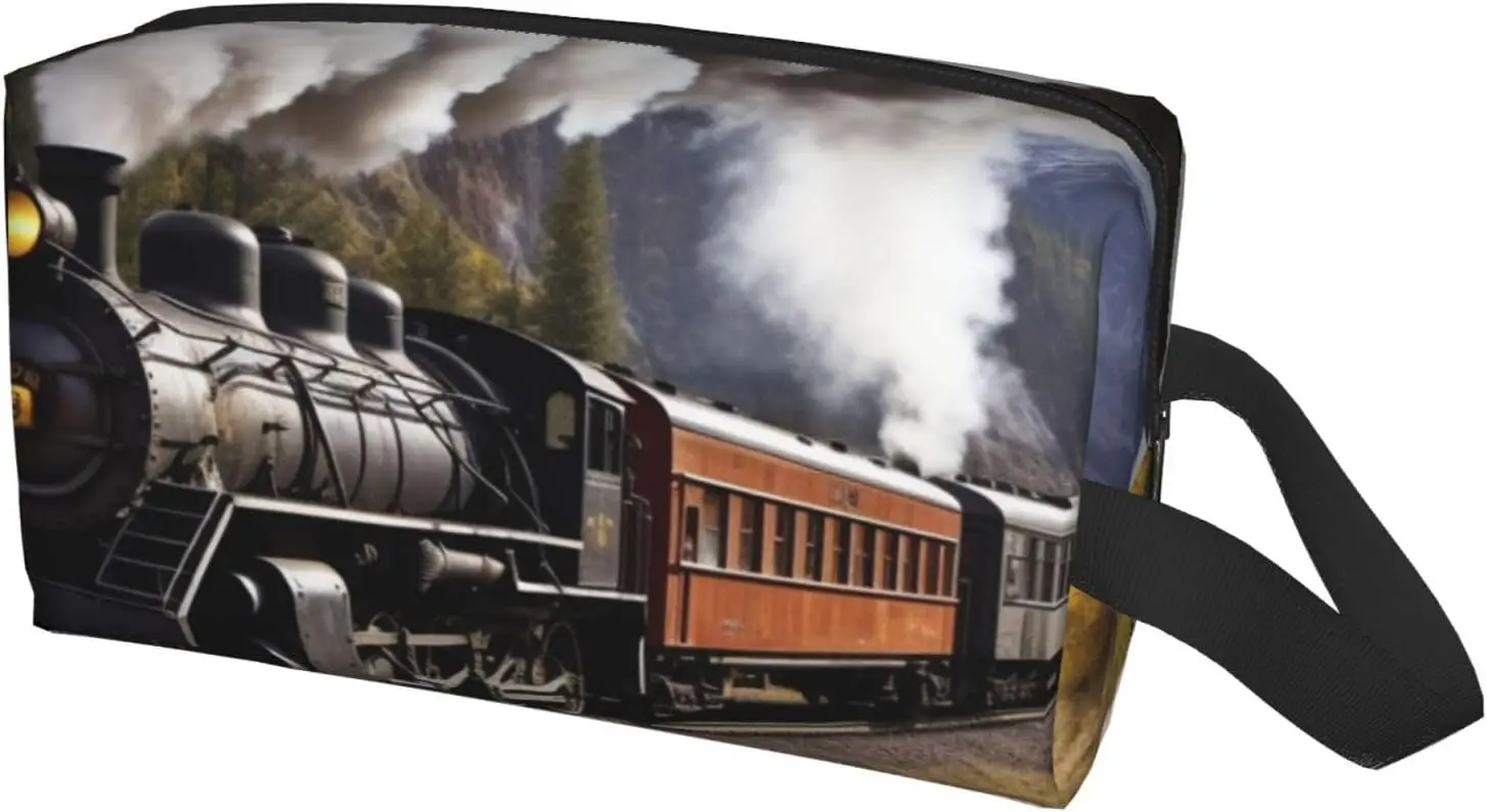 Travel Toiletry Bag for Women Men Leather Makeup Bag Large Portable Travel Organizer Steam Locomotive Train Cosmetic Bag