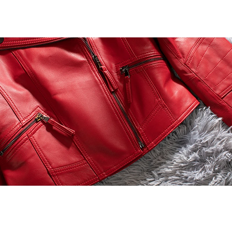 2025 New Red Real Leather Jacket for Women Fashion Short Genuine Sheepskin Female First Layer Leather Slim Fit Biker Jacket Tops