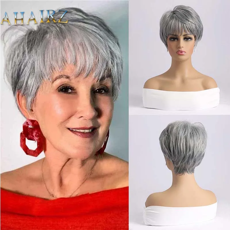 Synthetic Short Straight Wig for Women Wigs With Bangs Silver Grey Wig Daily Use Heat Resistant Fiber