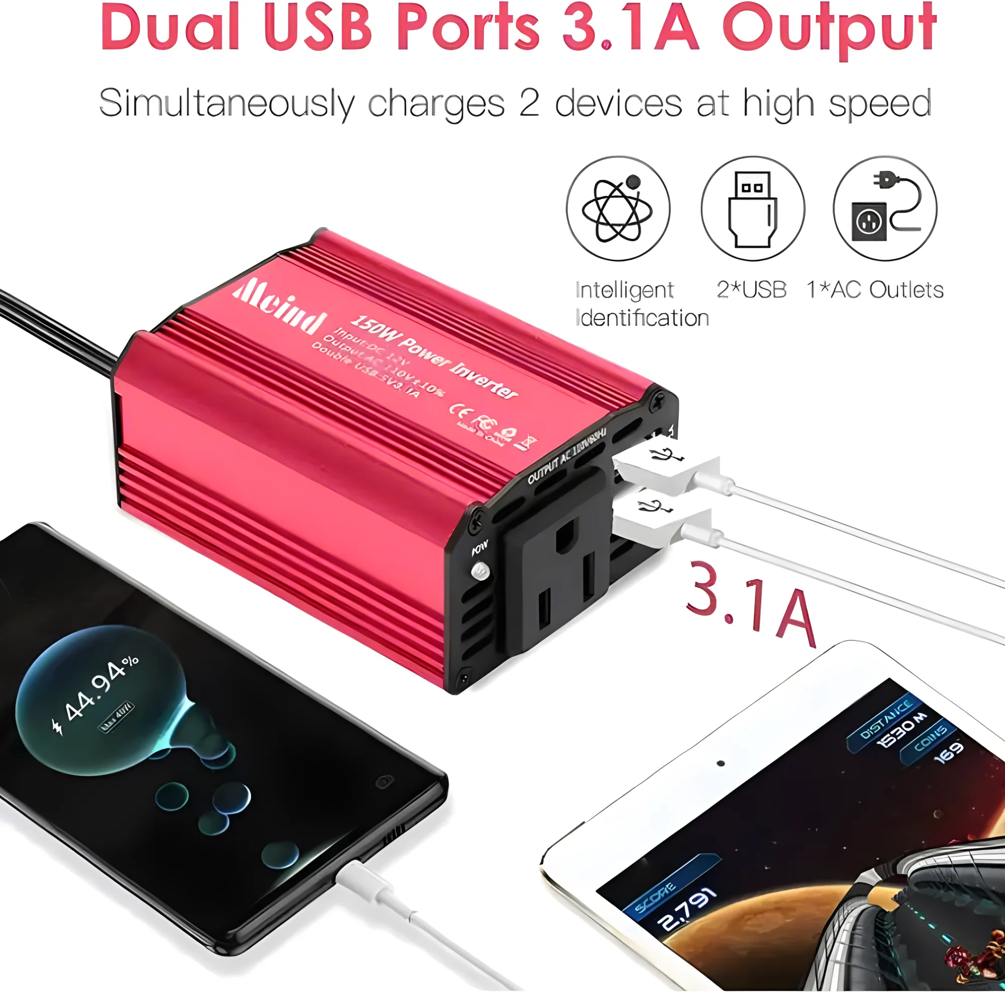 Cigarette Lighter Power Supply Dual USB Ports 3.1A Output Car Charger for DC12V to AC220V or 110V 150W