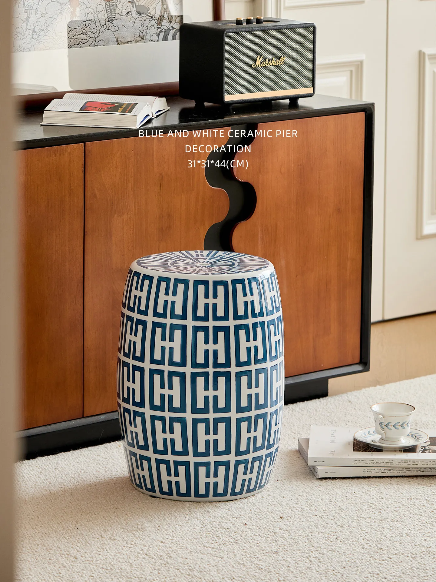Hand-painted Blue and White Porcelain Sofa, Mobile New Chinese-style Small Coffee Table, Living Room Cool Stool,