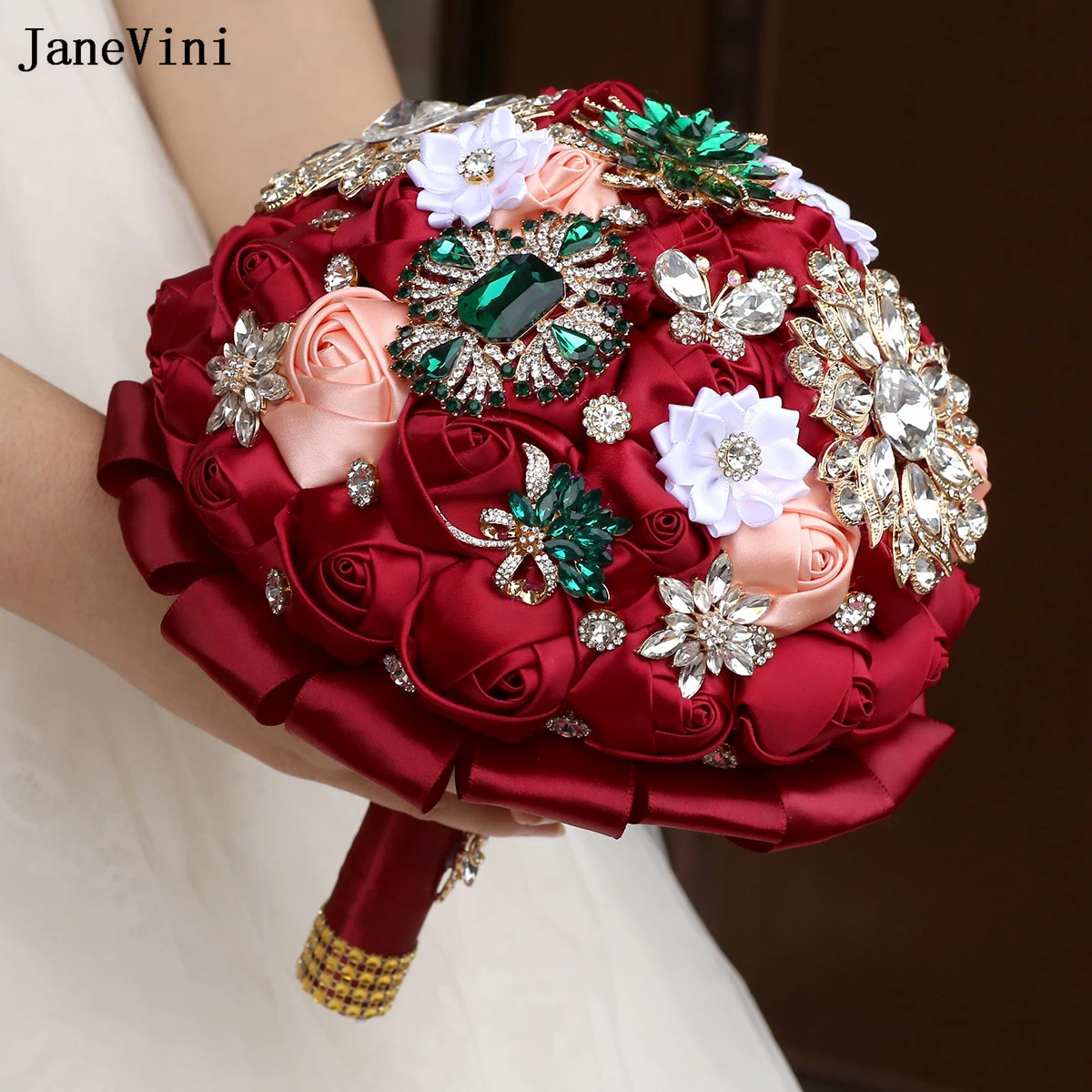 JaneVini-broche de novia de color rojo oscuro europeo, ramos de diamantes de imitación dorados ostentosos, rosas de satén artificiales, joyería, ramo de flores para boda