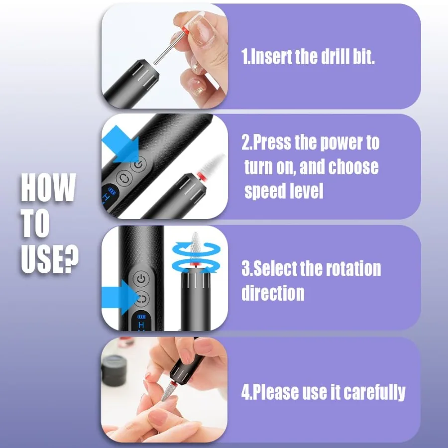 Bezprzewodowa elektryczna wiertarka do paznokci do użytku domowego: Zestaw do manicure i pedicure z akumulatorowym, szybkim szlifierką do paznokci do żelu akrylowego