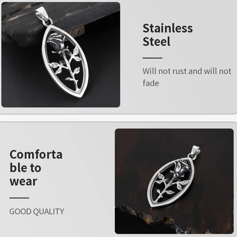316L Stainless Steel Fashion Retro 3D Rose Men\'s Pendant Necklace European and American Trendy Men\'s Jewelry Couple Gifts