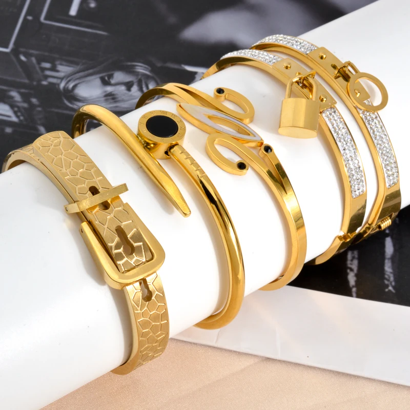 Sunny Jewelry Bracelet Stainless Steel Gold Color Zircon Bangle Belt Lock Numerals Geometry Hand Jewellery Party Festival Gift