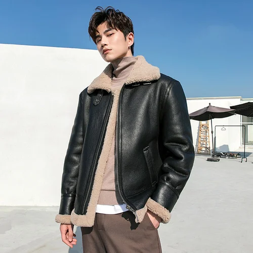 

2023 Natural Sheep Shearling Coat Men Winter Warm Street Biker Genuine Sheepskin Leather Jacket Jaqueta Masculina Gxy1239