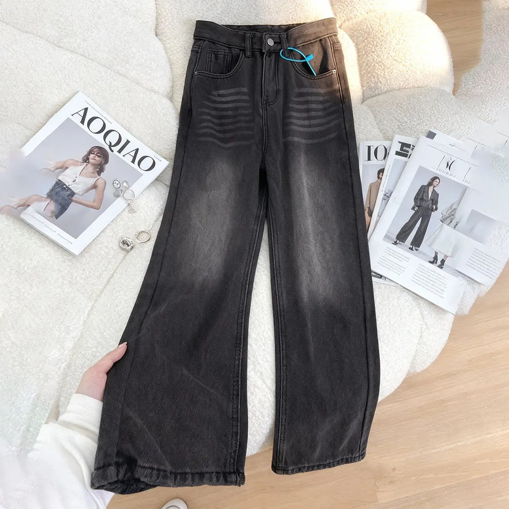 Fashion Women Black Grey Jeans Spring Autumn High Waist Gradient Washed Denim Pants Streetwear Casual Straight Loose Trousers