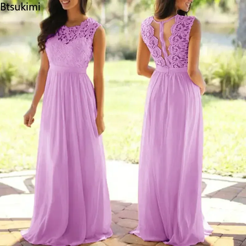 2024 Women Elegant Lace Patchwork Long Dress Female Solid Wedding Bridesmaid Party Maxi Dress Robe Femme Vestidos Dresses S-5XL