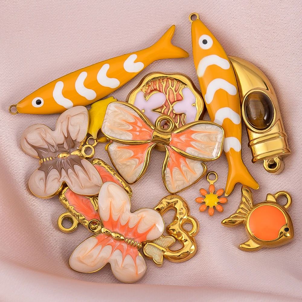 2pcs Stainless Steel Enamel Orange Color Butterfly Pendants Fish Charms For DIY Jewelry Making Necklace Accessories Wholesale
