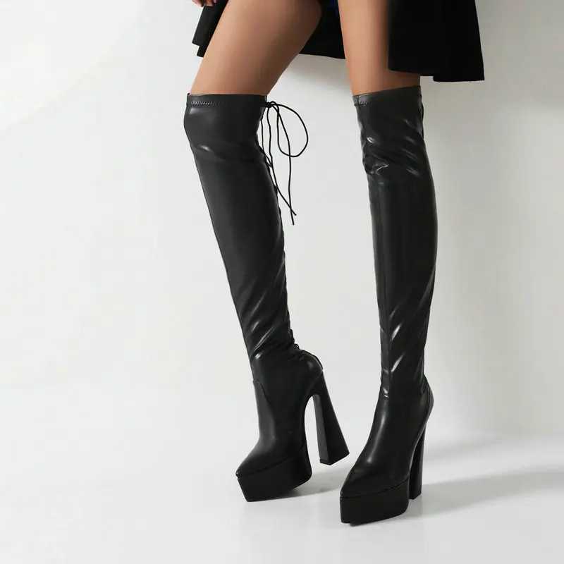 

Fashion Coarse Heel 14cm Over The Knee Boots Platform Stripper Lace Up Nightclub Sexy Fetish Pointed Toe Models Women Mature New