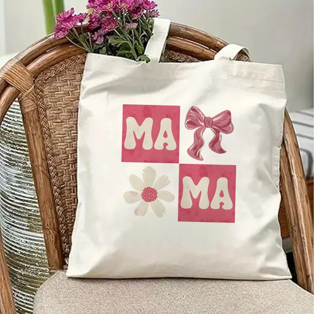 

Trendy Boho Mama Canvas Tote Bag Reusable Eco Fabric Flower Leopard Printed Grocery Shopping Travel Shoulder Gift Bag