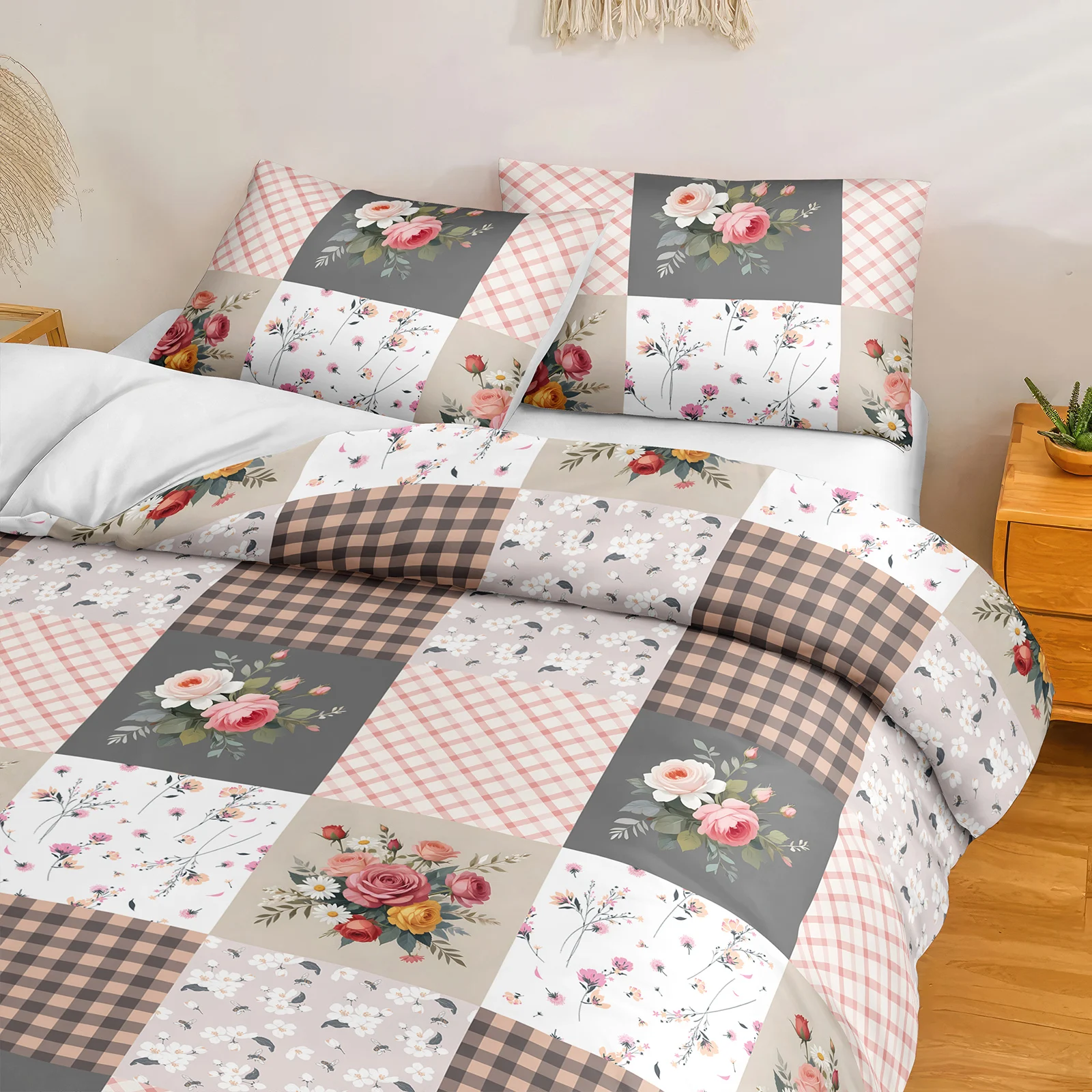 3PCS Colorful Duvet Cover Set Polyester Fibre Comforter Cover Floral Bed Set Soft Lightweight Down Bedding Set for All Season