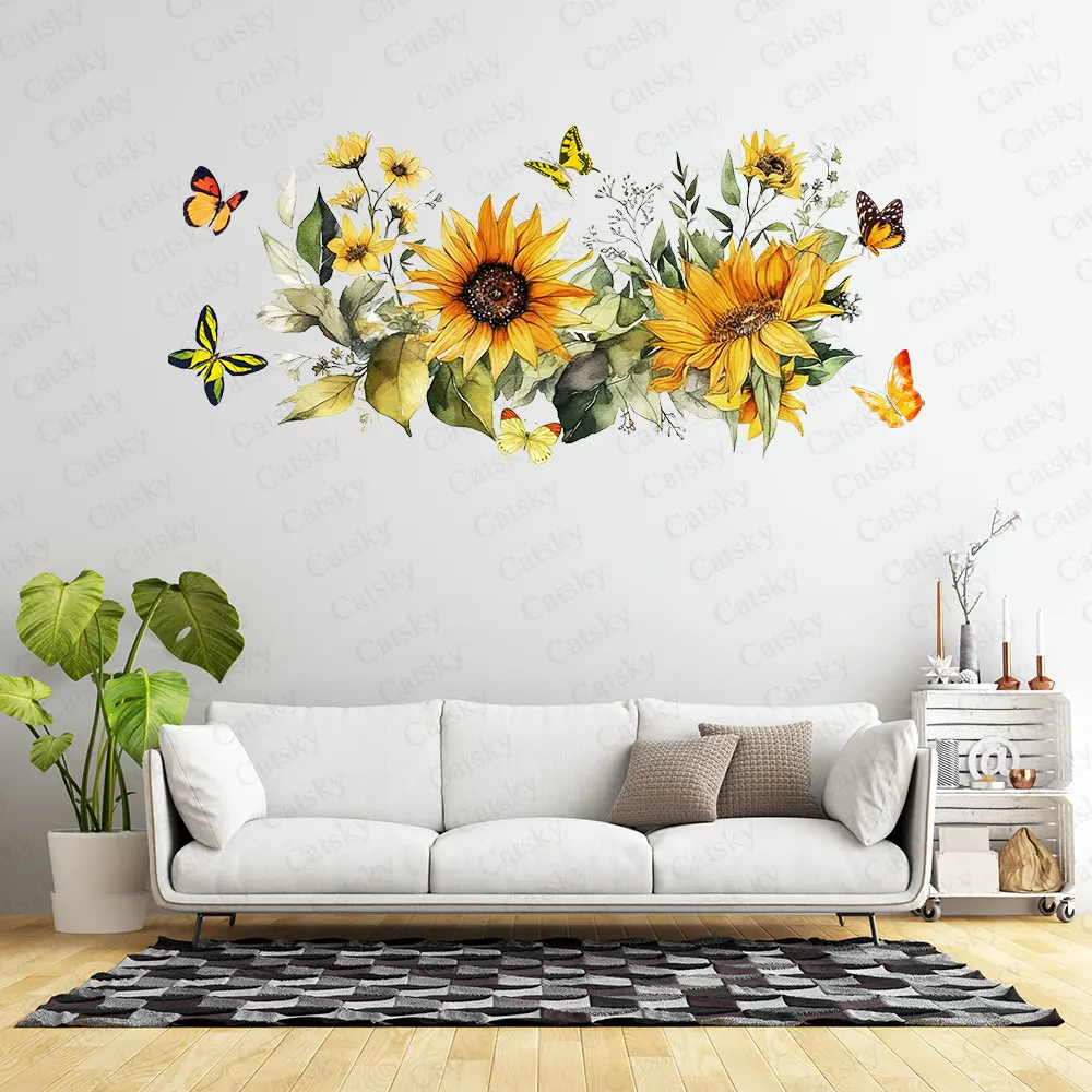 Sunflower & Butterfly Pattern Wall Decoration Self Adhesive Waterproof Vinyl Wallpaper Bedroom Housewarming Gift for Friend