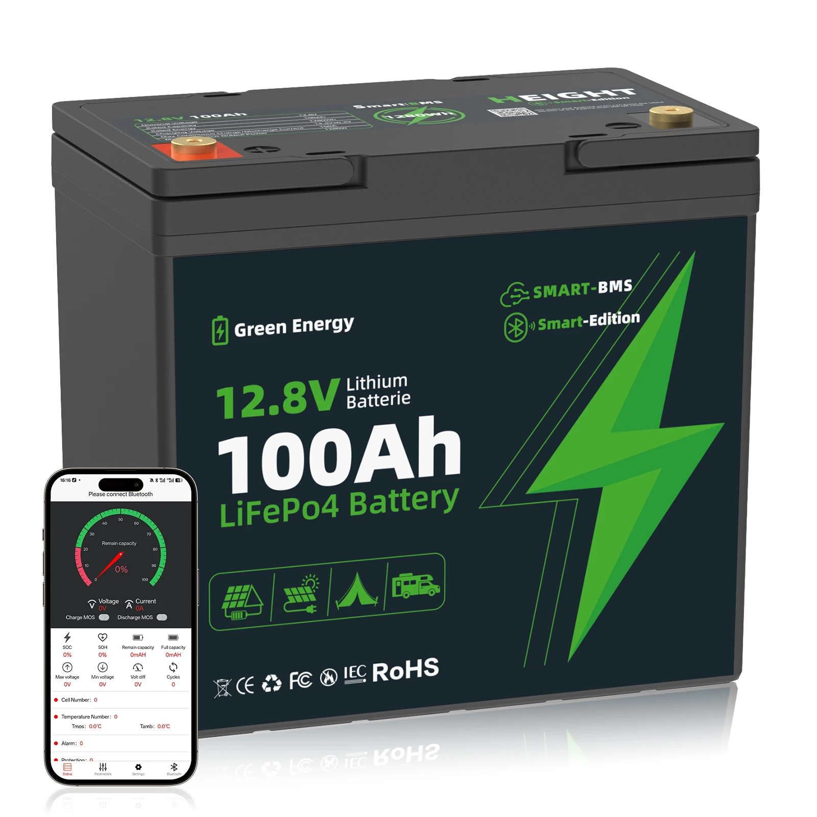 12V 50Ah/100Ah LiFePO4-Batterie mit Niedertemperatur-BMS-Schutz, 15000+ Zyklen für Wohnmobile/Solaranlagen/Camping