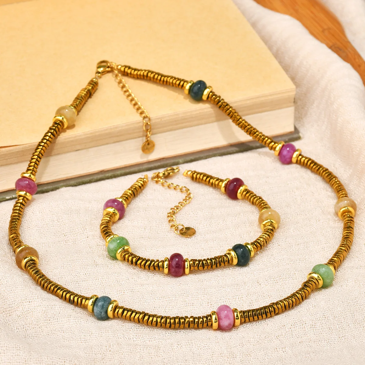 Boho Handmade Bead Stained Glass Necklace Choker for Women Stainless Steel 18K Gold Plated Bracelets Summer Daily Charm Jewelry