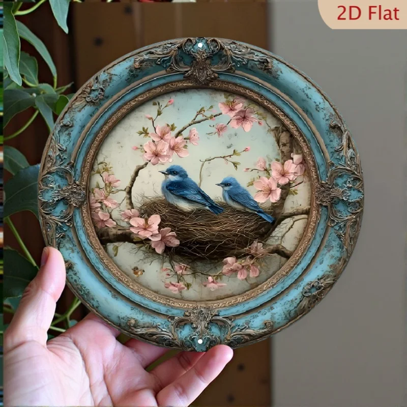 2D flat Round Metal Tin Sign Vintage Frame Blue Birds Nest Cherry Blossom Floral Art Farmhouse Home Wall Decor 7.87x7.87 Inch