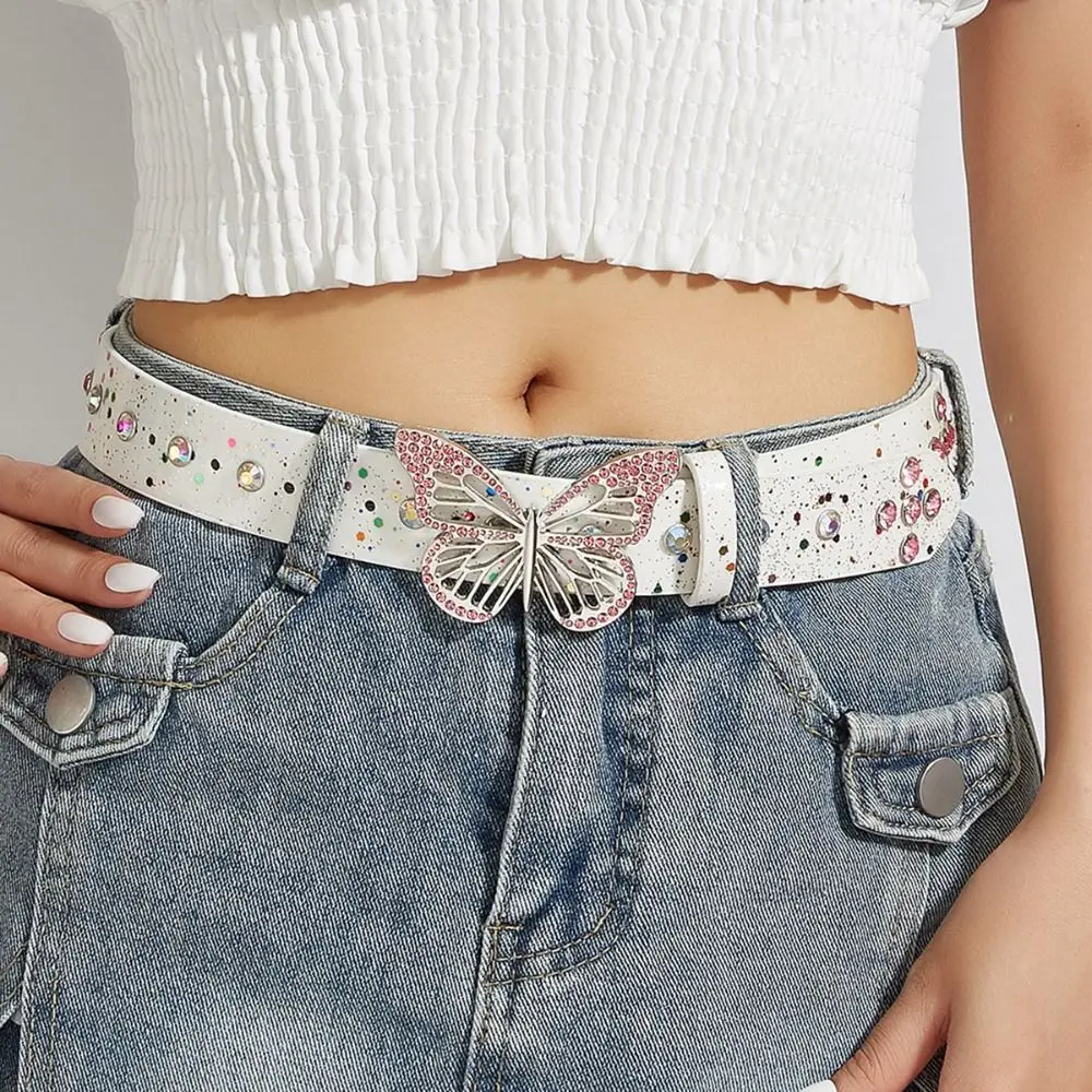 Estetyczny regulowany pasek z kryształkami w kształcie motyla Punk Hollow Butterfly Waistbands Harajuku Metal Buckle Women Waist Belt For Jeans