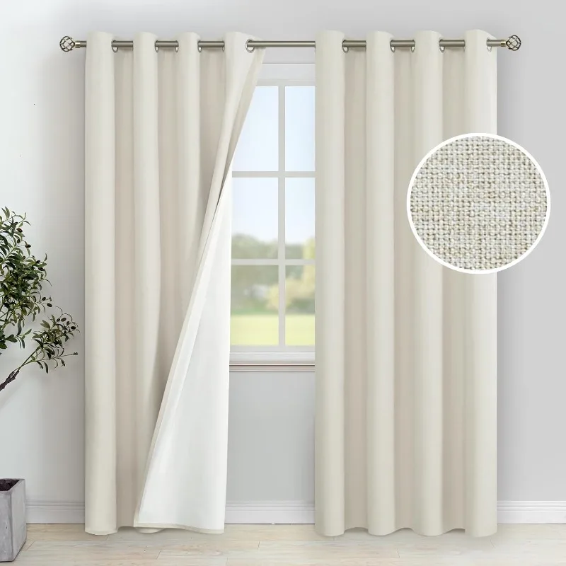 Linen Blackout Curtain, Insulated Whole Room Dark Window Curtain Heat Block Living Room Bedroom Privacy Ring, 2 Boards