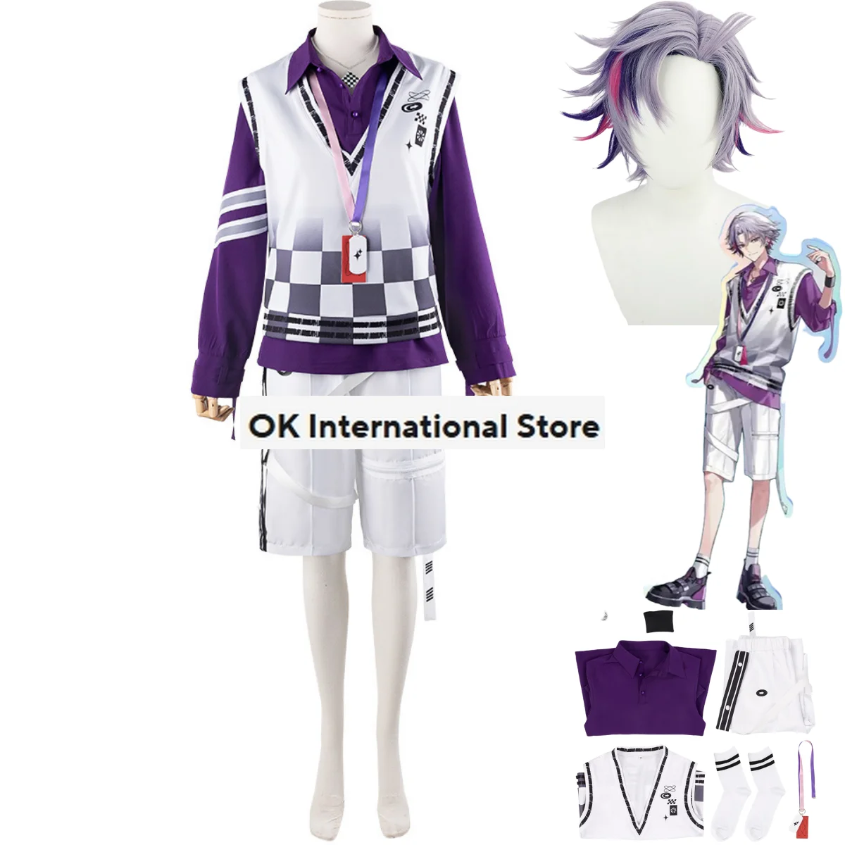 Virtual YouTuber NIJISANJI Fuwa Minato Cosplay Costume VTuber Purple Sportswear Vest Wig Adult Man Woman Leisure Party Suit