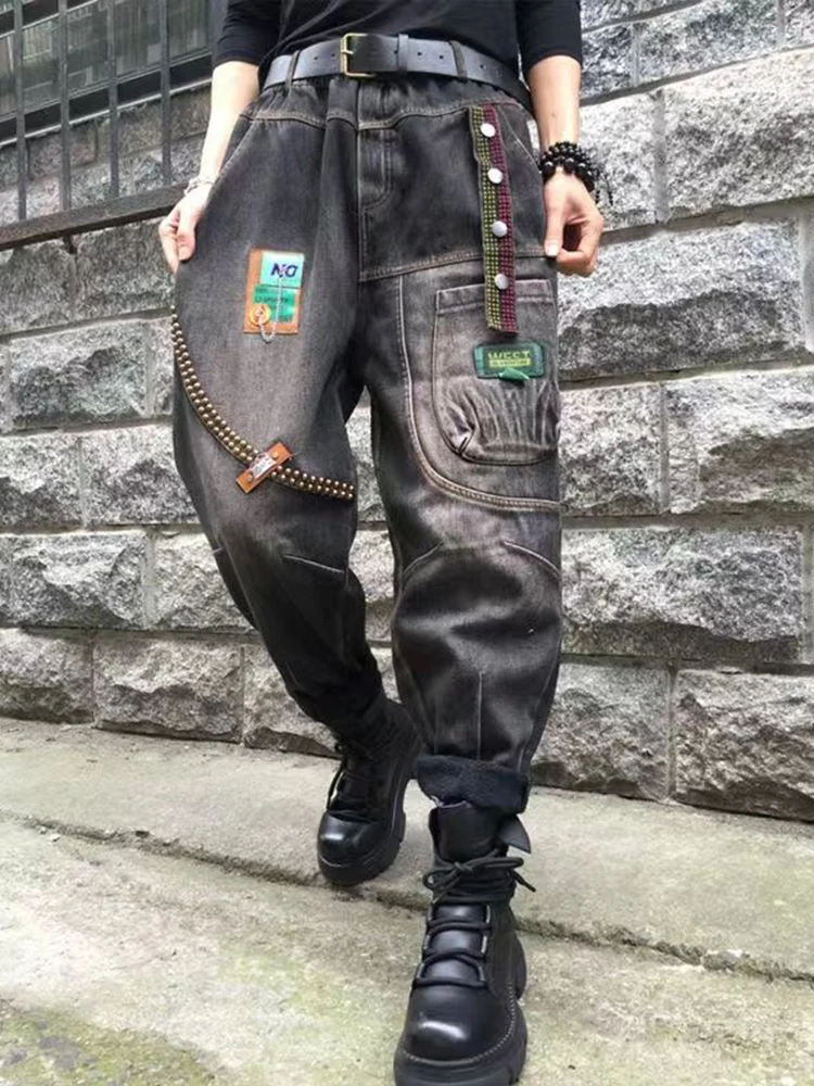 

Women Jeans Autumn Retro Vintage Embroidery Frog Buttons Elastic Waist Loose Female Tide Ankle-Length Denim Harem Pants Wild