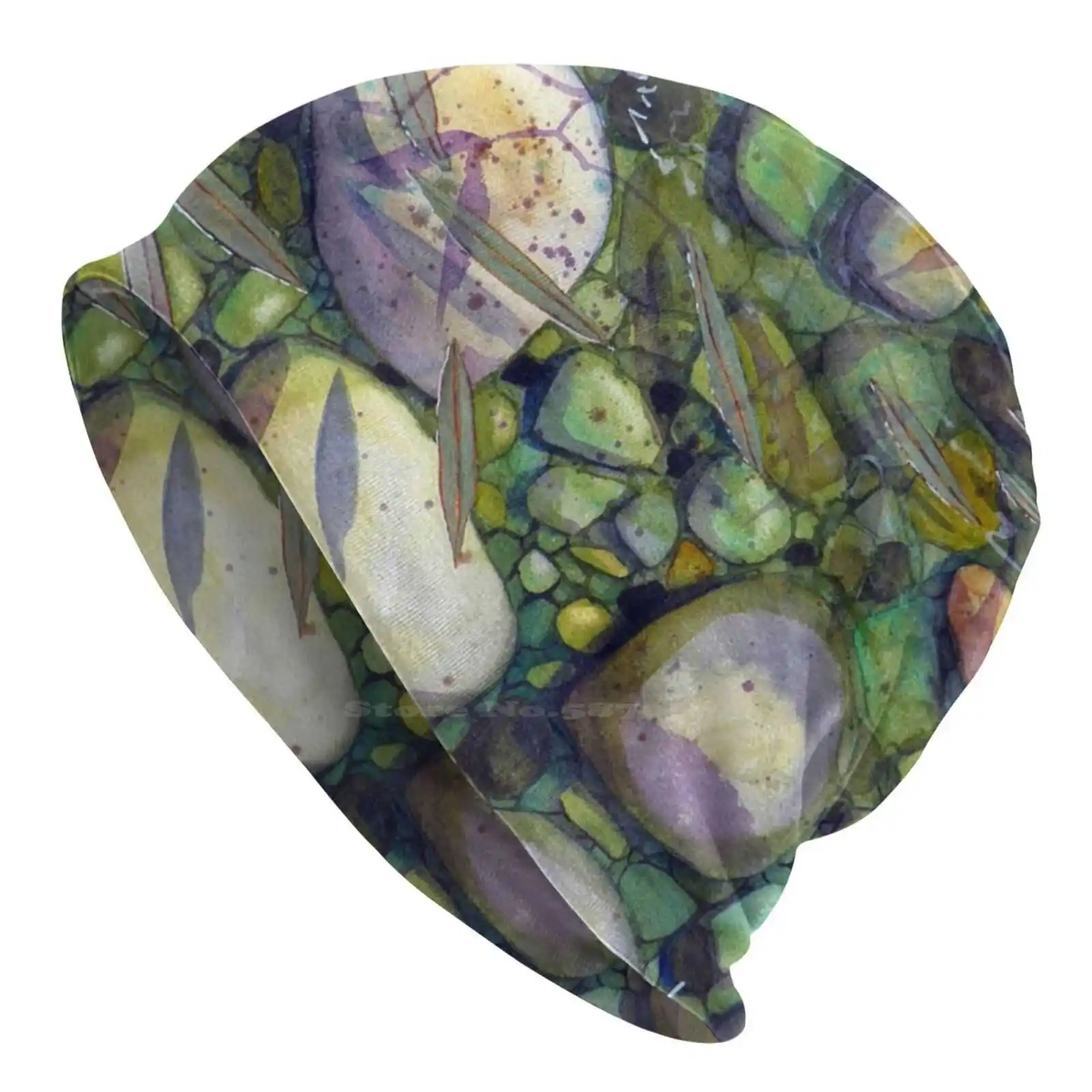 Fresh Knitted Hat Warm Beanie Outdoor Caps Contemporary Nature Watercolour Rocks Pebbles Green Purple Rivers Streams