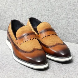 Mixed Colors Classy Men's Casual Business Shoes Genuine Cow Leather and Suede Flat Tassel Loafers with Wingtip Brogue Details