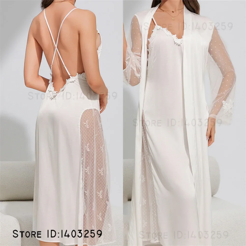 Rayon Women Sleepwear Elegant White Wedding Long Twinset Robe Nightgown Set Sexy Perspective Lace Backless Nightdress Home Dress