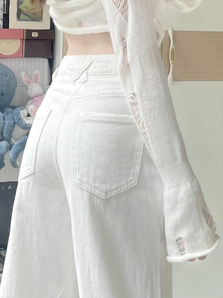 American Sle Vita alta Bell Bot Jeans Donna Bianco Estate Nuovi pantaloni larghi a gamba larga drappeggiati dimagranti