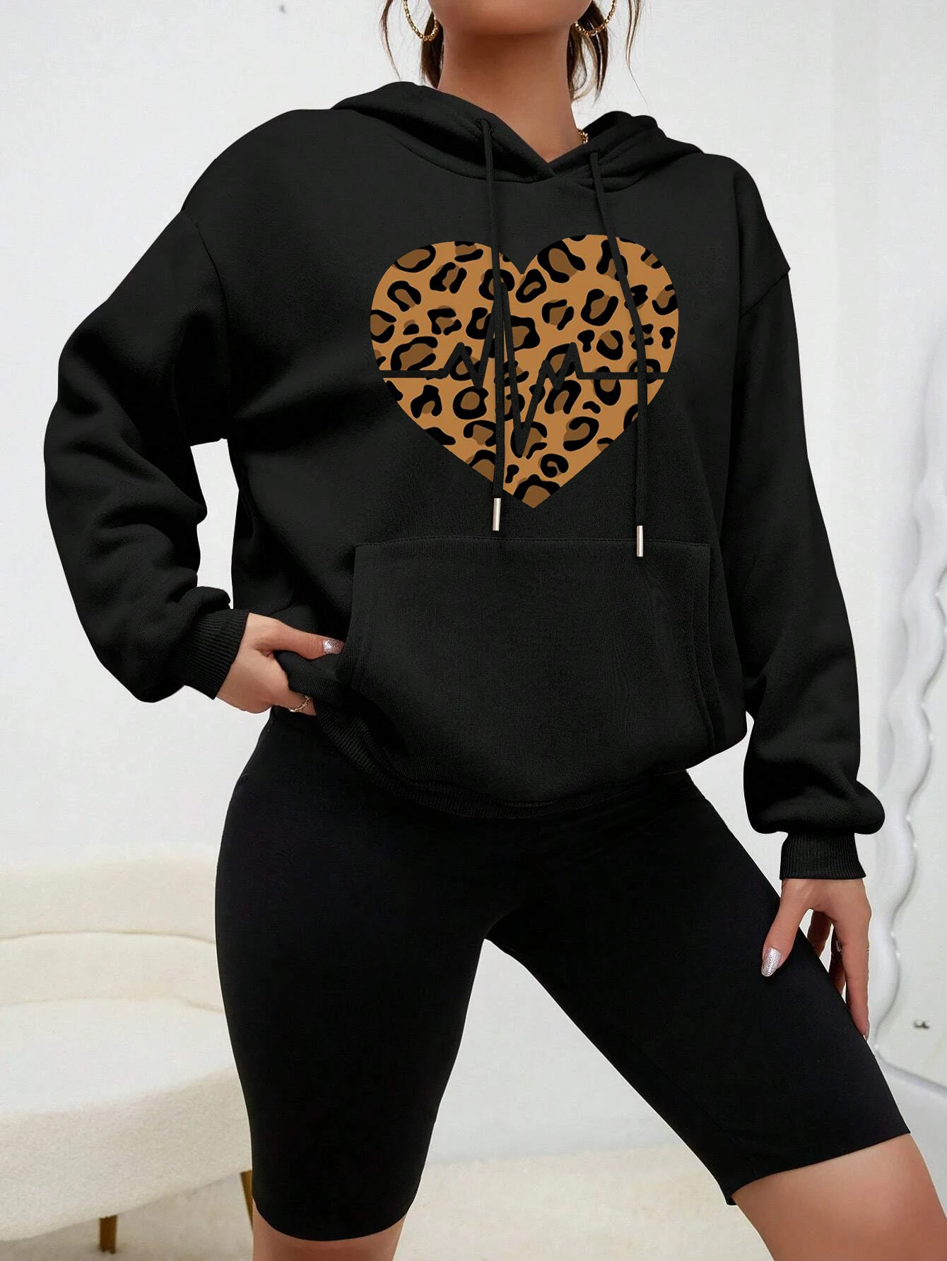 Leopard Print Heart Art Design Hoodie For Female Autumn Warm Hoody Personality Casual Clothes Multicolor Fleece Womenwear