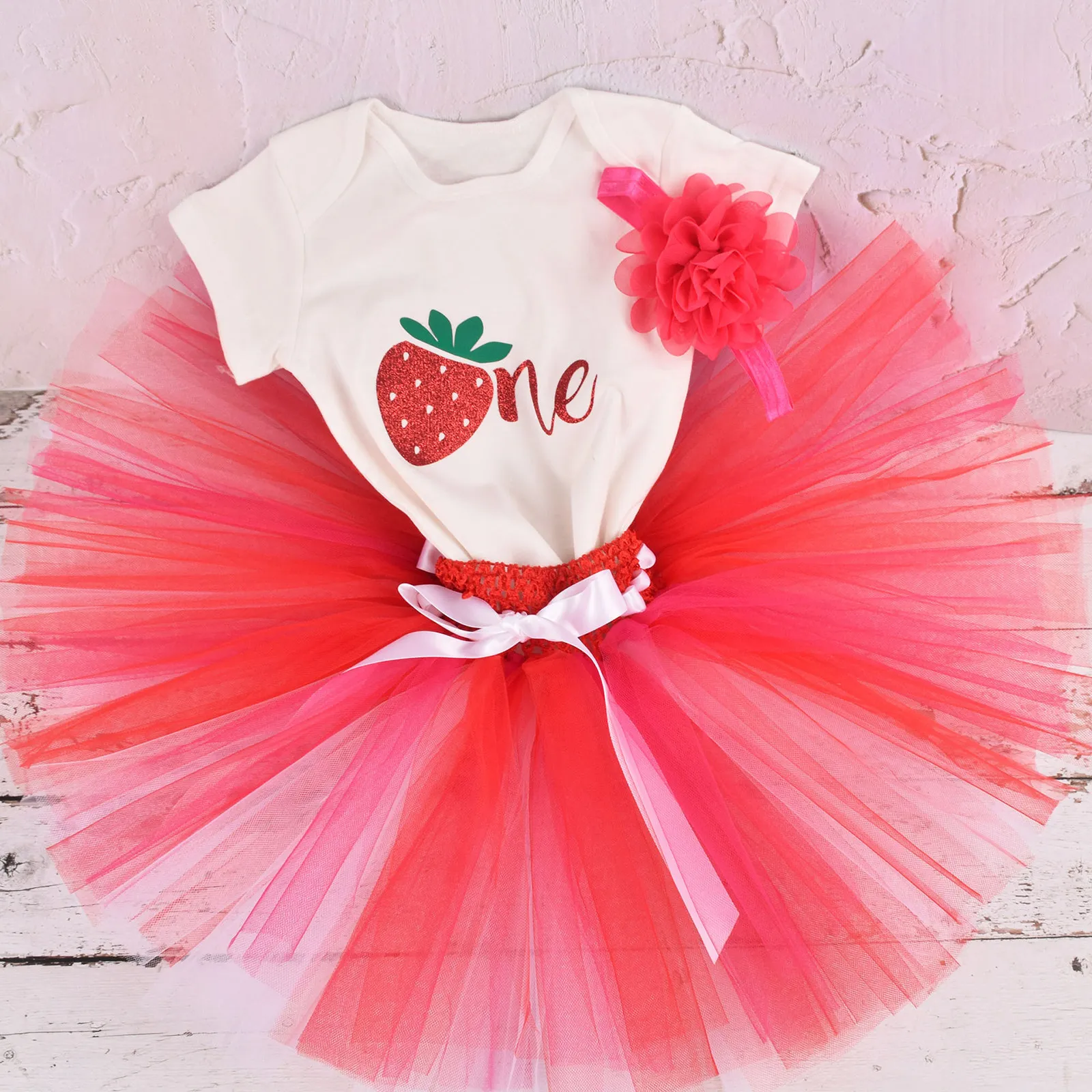 1Set Strawberry Baby Climbing Outfit Tutu Skirt Set for 12-18M One-Year-Old Girl Photo Shoot Party Carnival Studio Costume
