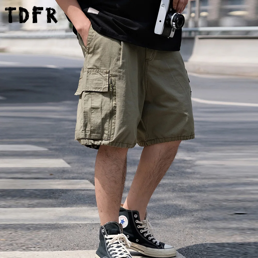 Multi-Pocket Cargo Shorts Mens Summer Safari Style Loose Wide Leg Knee-length Half Pants Elastic Waist Bermuda Shorts Men