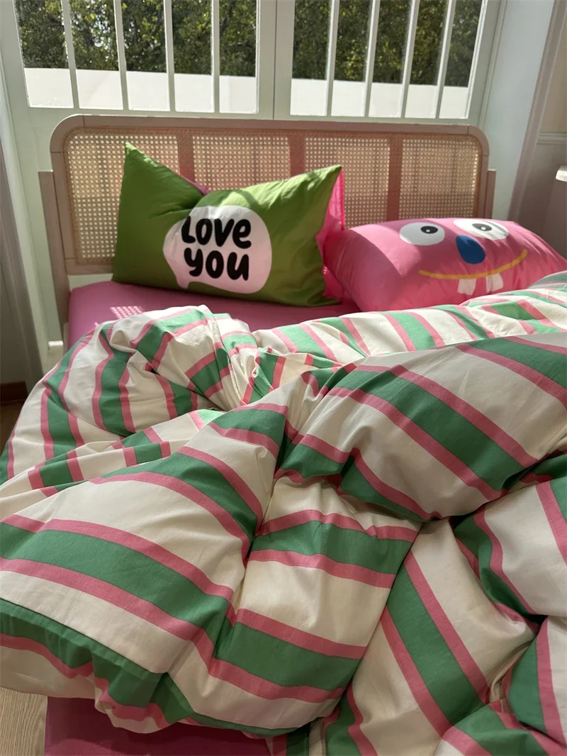

ins wind funny contrasting colors pink and green stripes cotton pure cotton four-piece apartment dormitory