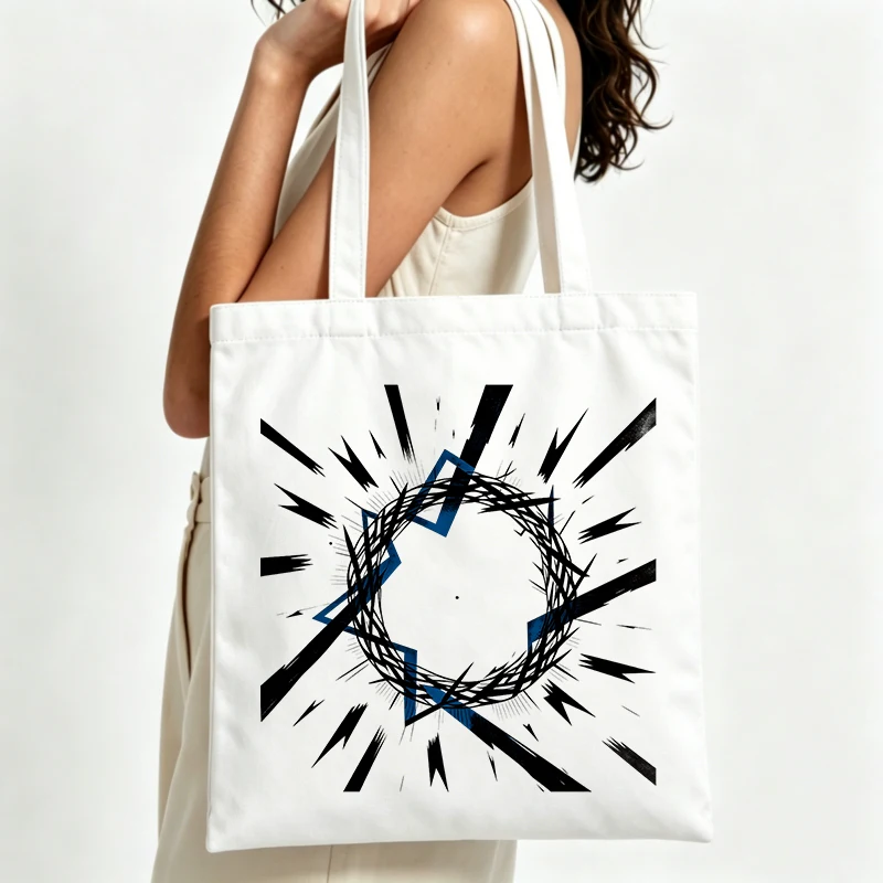 abstract geometric print canvas tote bag with minimalist design, ideal for daily shopping and casual outings