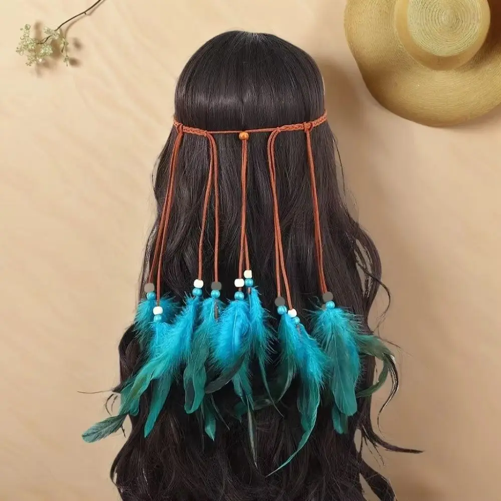 Cascading Tassels Bohemian Tassel Headband Intricate Beadwork Hand-tied Plumage Long Feather Headpiece Braided Cord