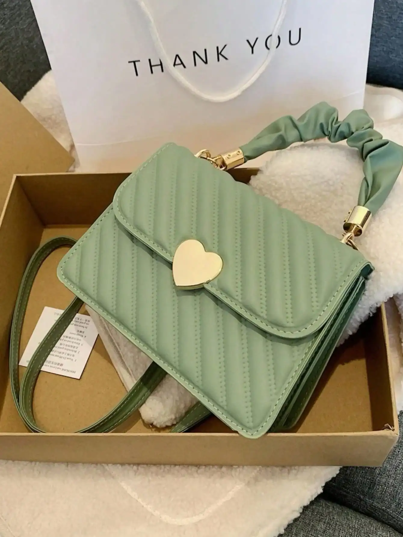 

Lightweight Pleated Square Bag: Heart-Shaped Decor Button, Hand-Held, For Daily/Work/Travel, Valentine's Gift For Women