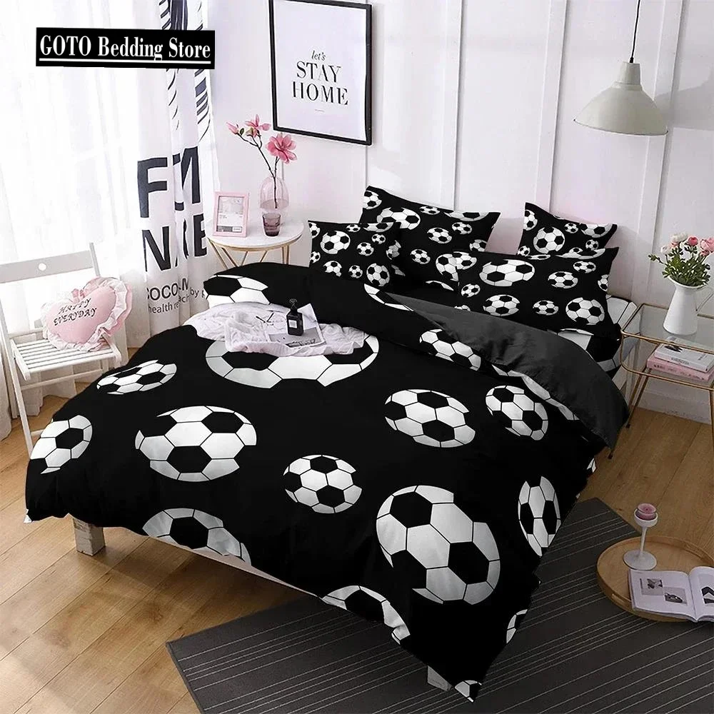 D Sport Ball Black White King Size Duvet Cover Set Chic Bedroom Decor for Boys Football Comforter Throw