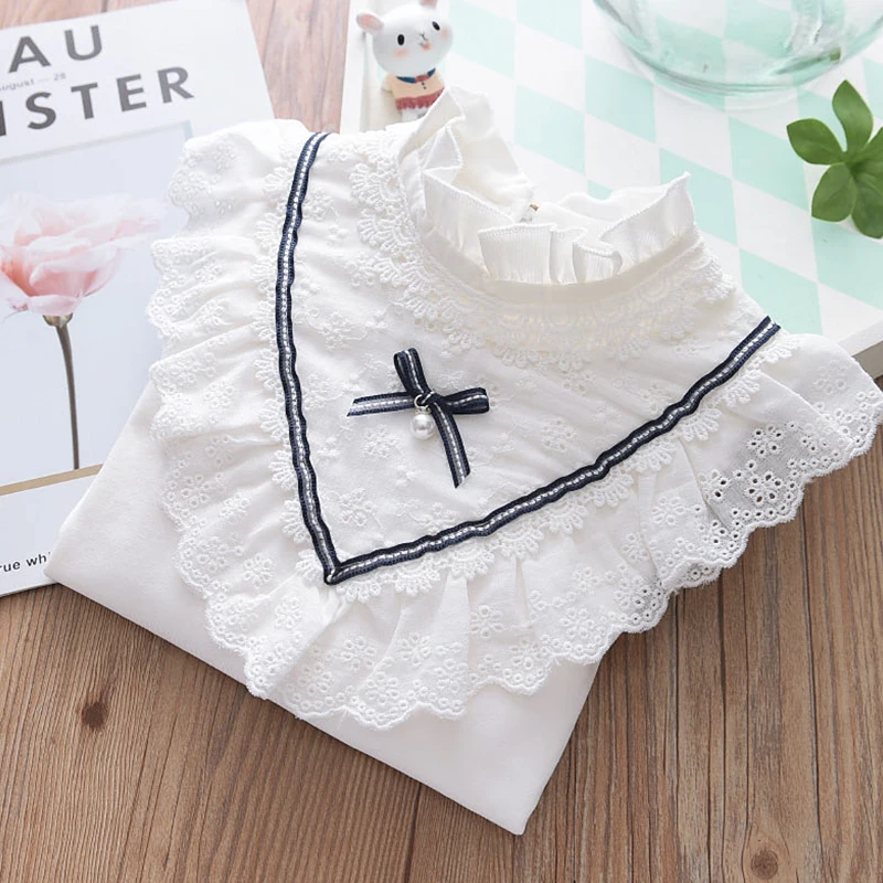 

Cotton Girls White Bottom Shirt Children's Stand-Up Collar Large Lace Elastic Long Sleeve Shirt